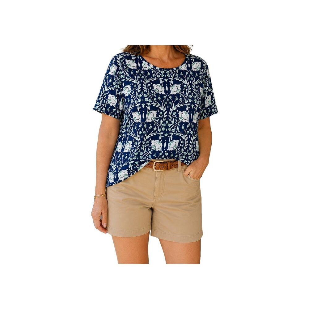 Talbots Blue Green Floral Print Tee Petite XL Cotton Stretch Short Sleeve